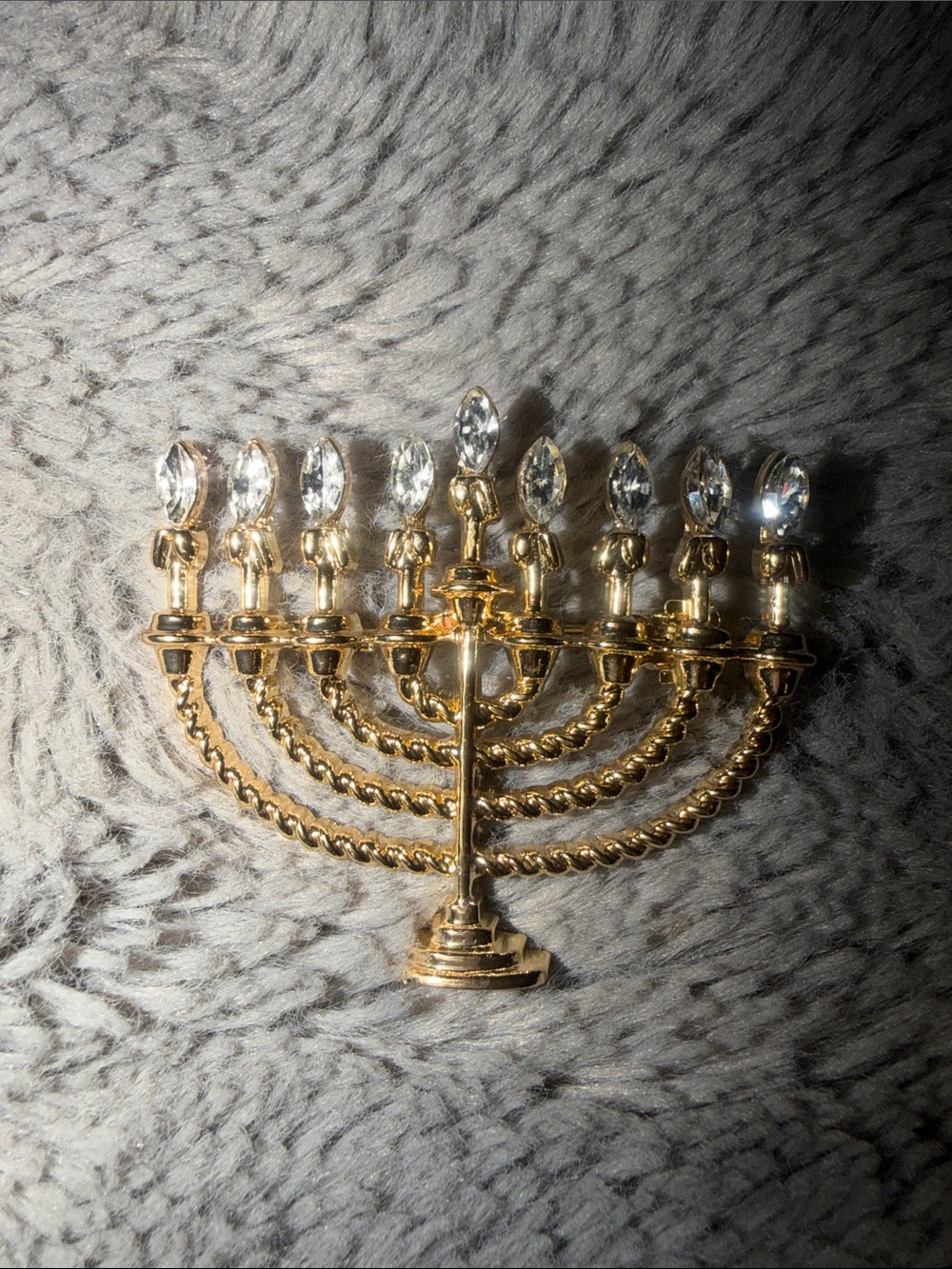 Gold Menorah Brooch with Clear Crystal Accents